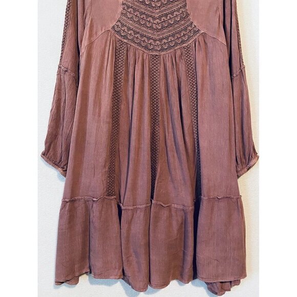 Kings Road Dress Womens Large Mauve Crochet Gauzy Long Sleeve Flowy Boho Peasant - Picture 2 of 7